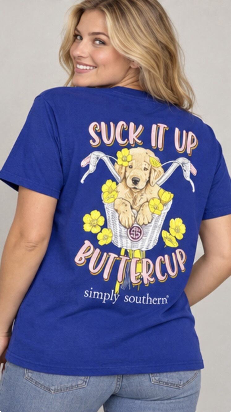 Simply Southern T Shirt Womens Large Blue Suck It Up Buttercup Dog Graphic
